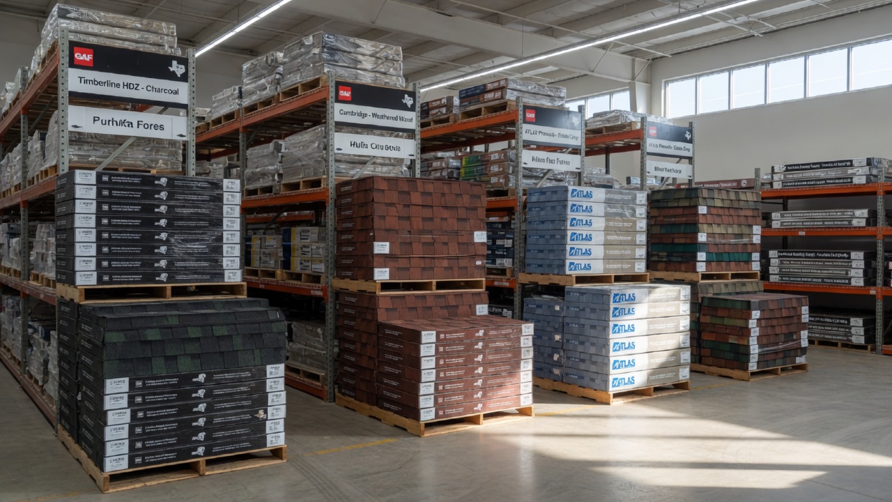 Organized premium roofing shingles inventory at Fort Worth Roofing Supply warehouse