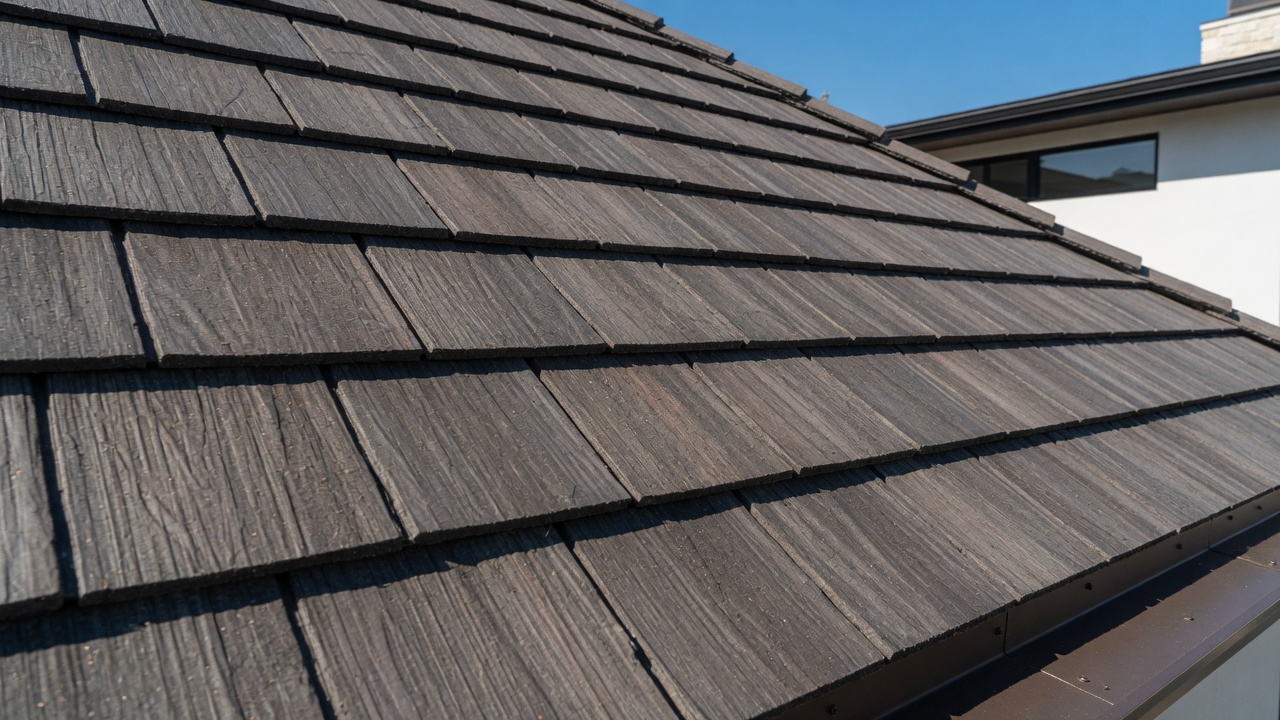 Close-up of premium architectural shingles in weathered wood tone on a Texas home