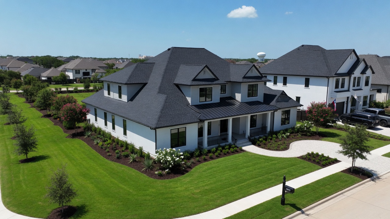 Aerial view of a beautiful modern Fort Worth area home with a brand new dark premium architectural shingle roof