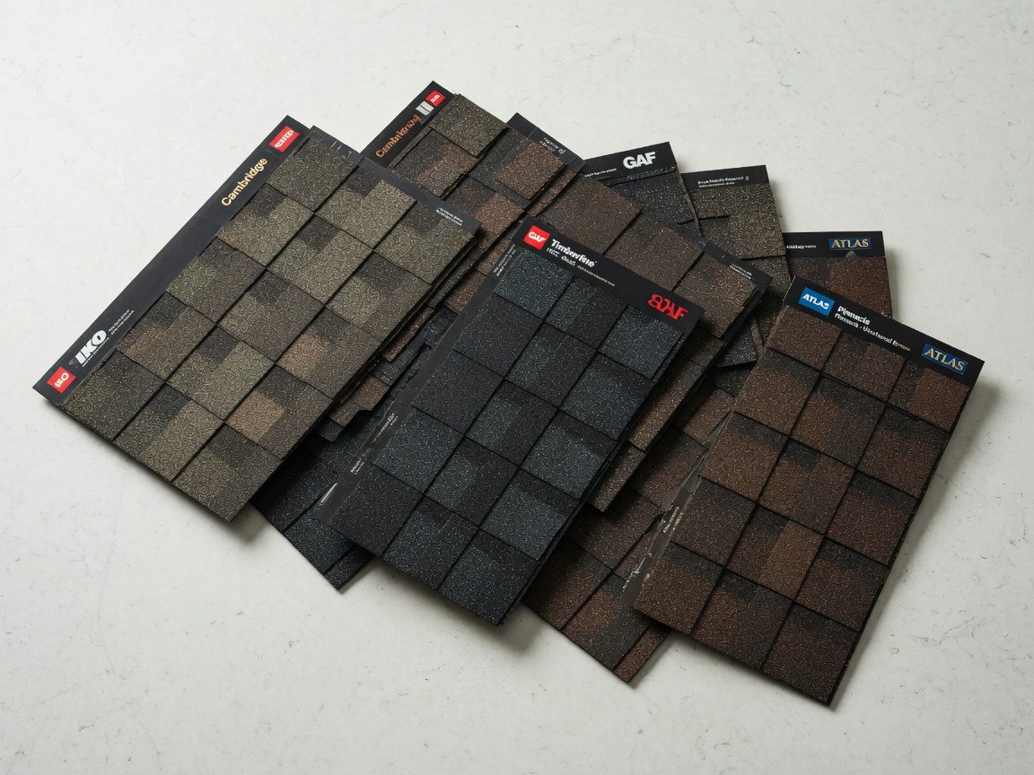 Flat lay of multiple premium shingle samples showing color and texture variety