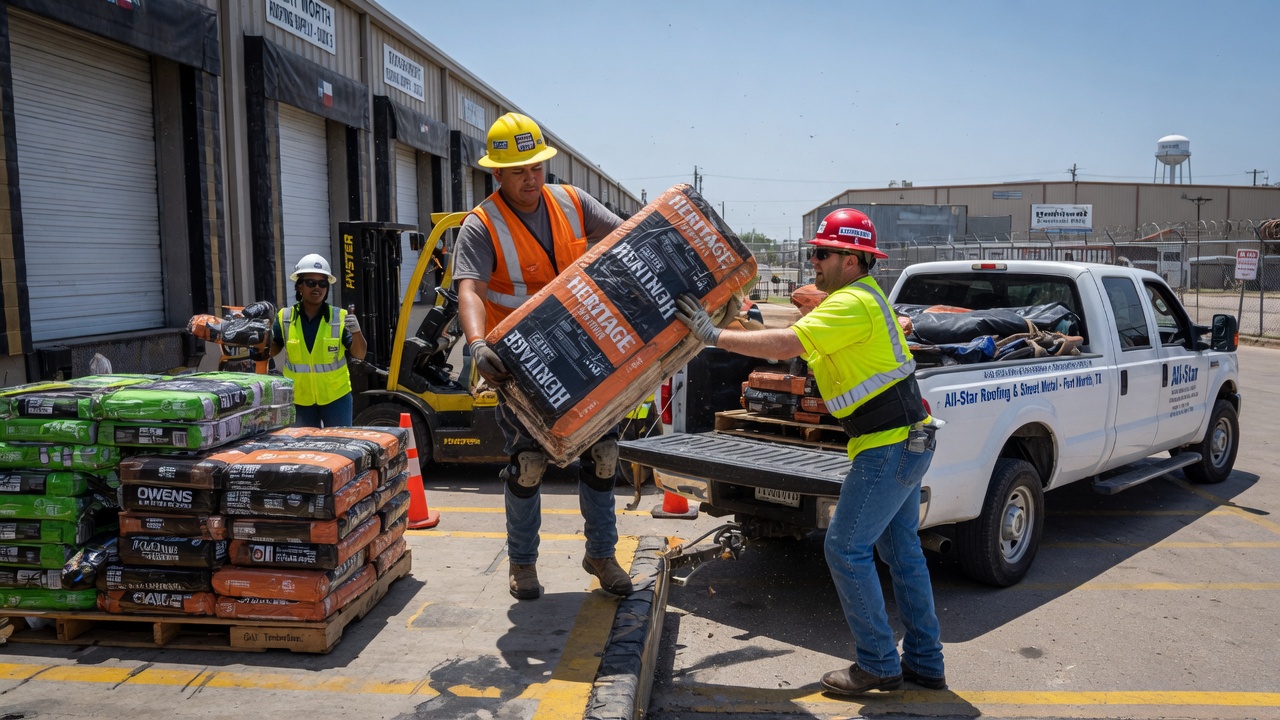 Roofing crew loading bundles of shingles onto a truck from our loading area