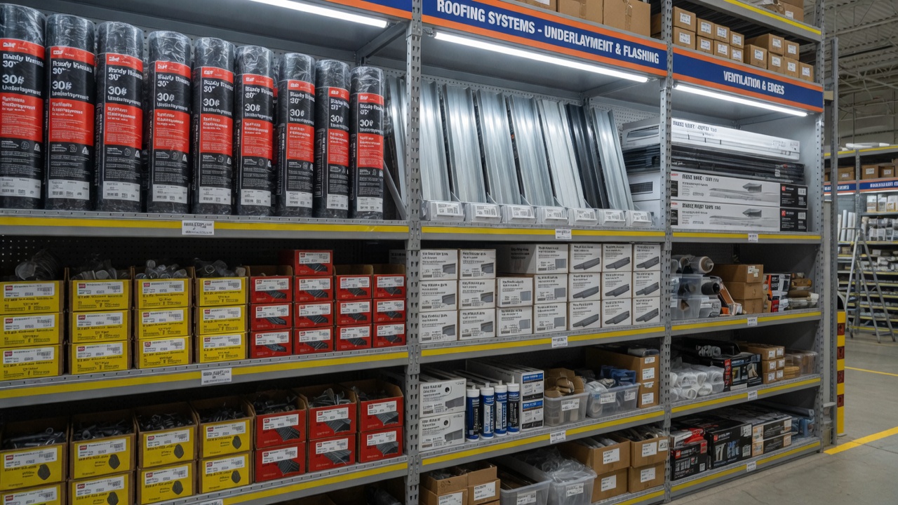 Organized shelves stocked with roofing accessories including underlayment, vents, flashing, and fasteners