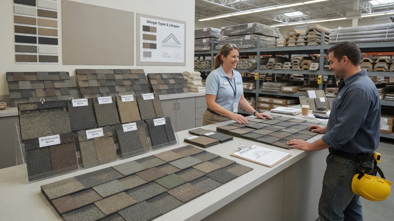 Staff assisting customer with roofing material selection at the supply counter