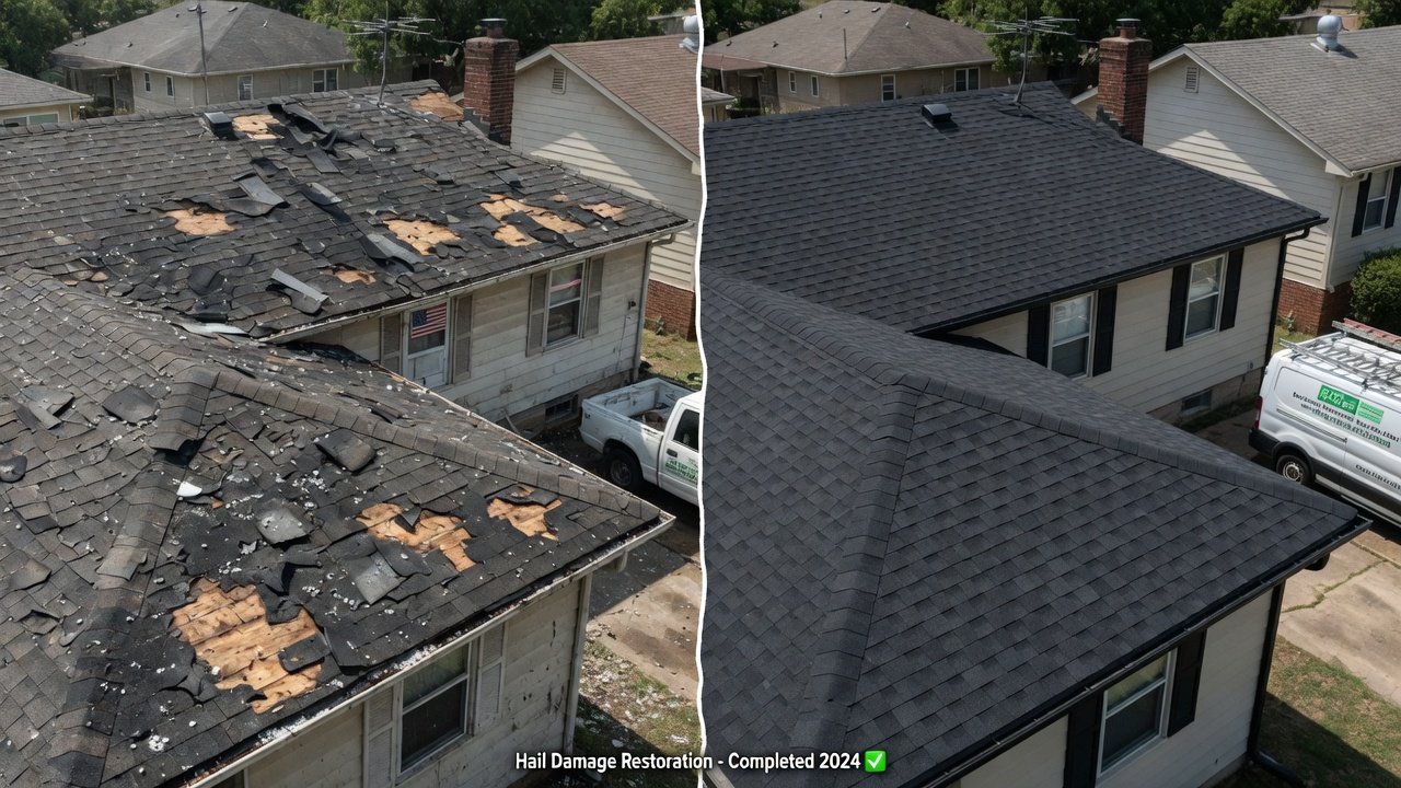 Before and after roof replacement showing dramatic transformation from damaged hail-pitted roof to pristine new dark shingles