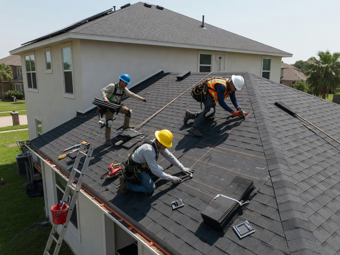 Team of professional roofers in safety gear carefully installing shingles on a residential roof in Texas