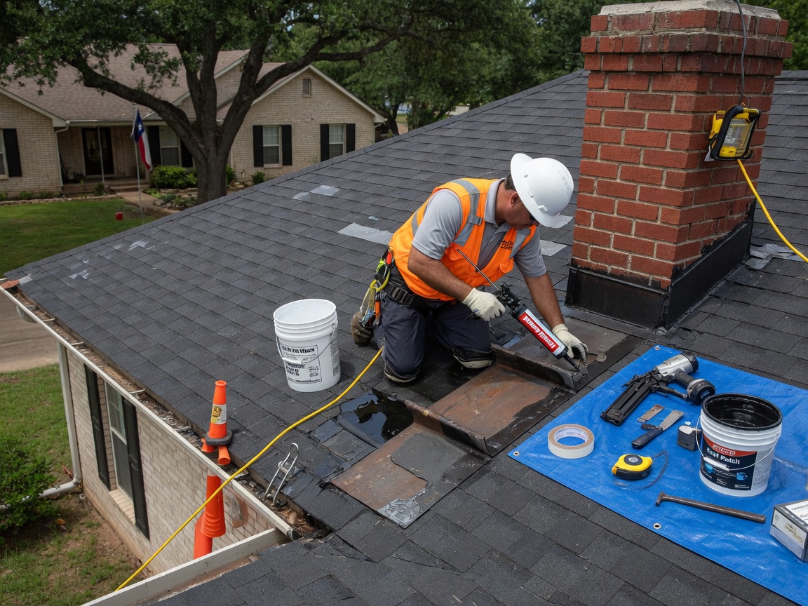 Skilled roofer performing precise emergency leak repair around chimney flashing