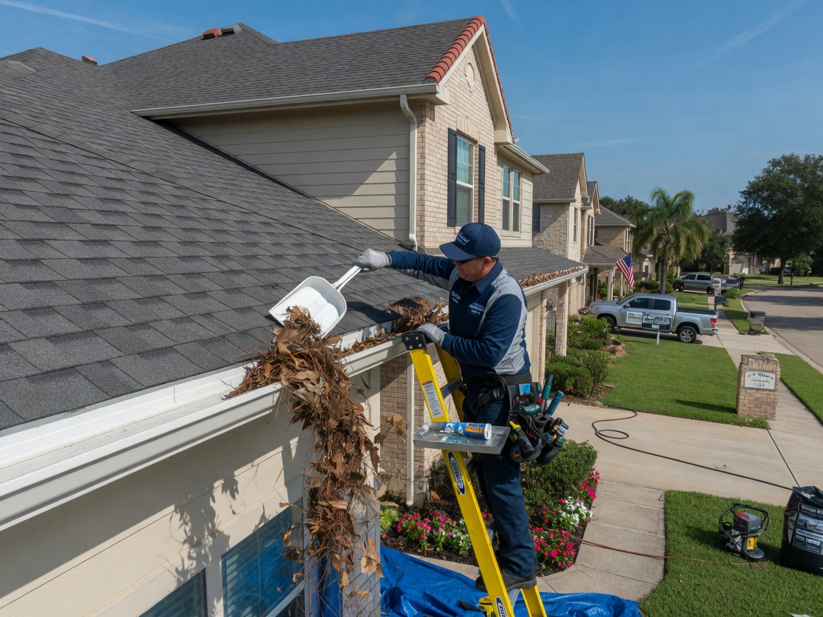 Roofer performing professional gutter cleaning and repair from ladder on large home
