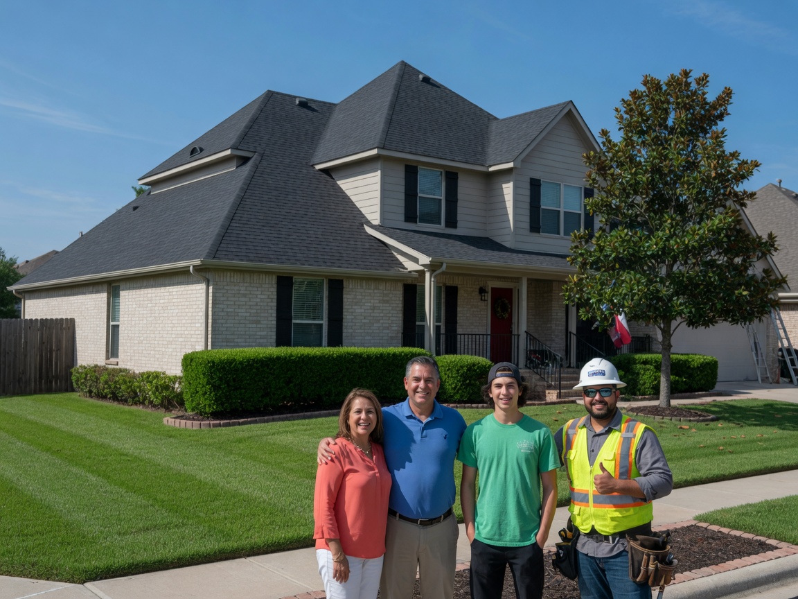 Smiling family standing proudly in front of their Texas home with a brand new dark shingle roof on a sunny day