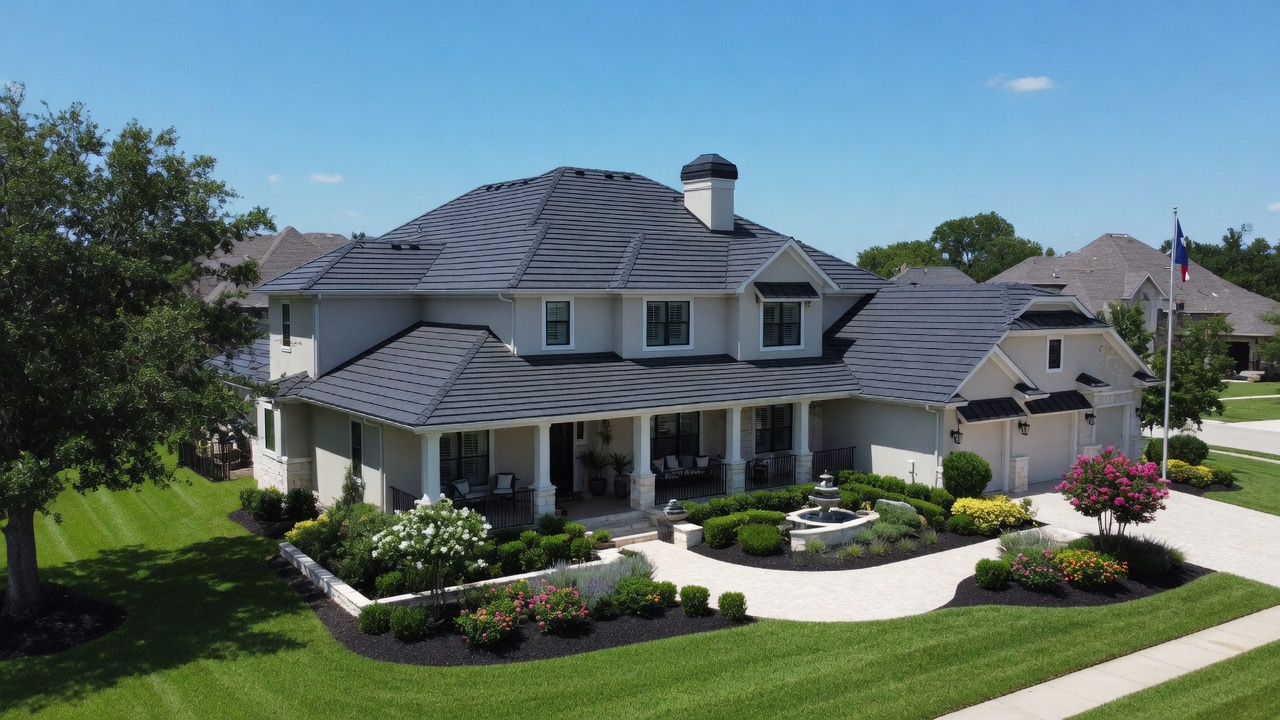 Stunning completed roof replacement with premium dark shingles on a large modern home in a Texas suburb