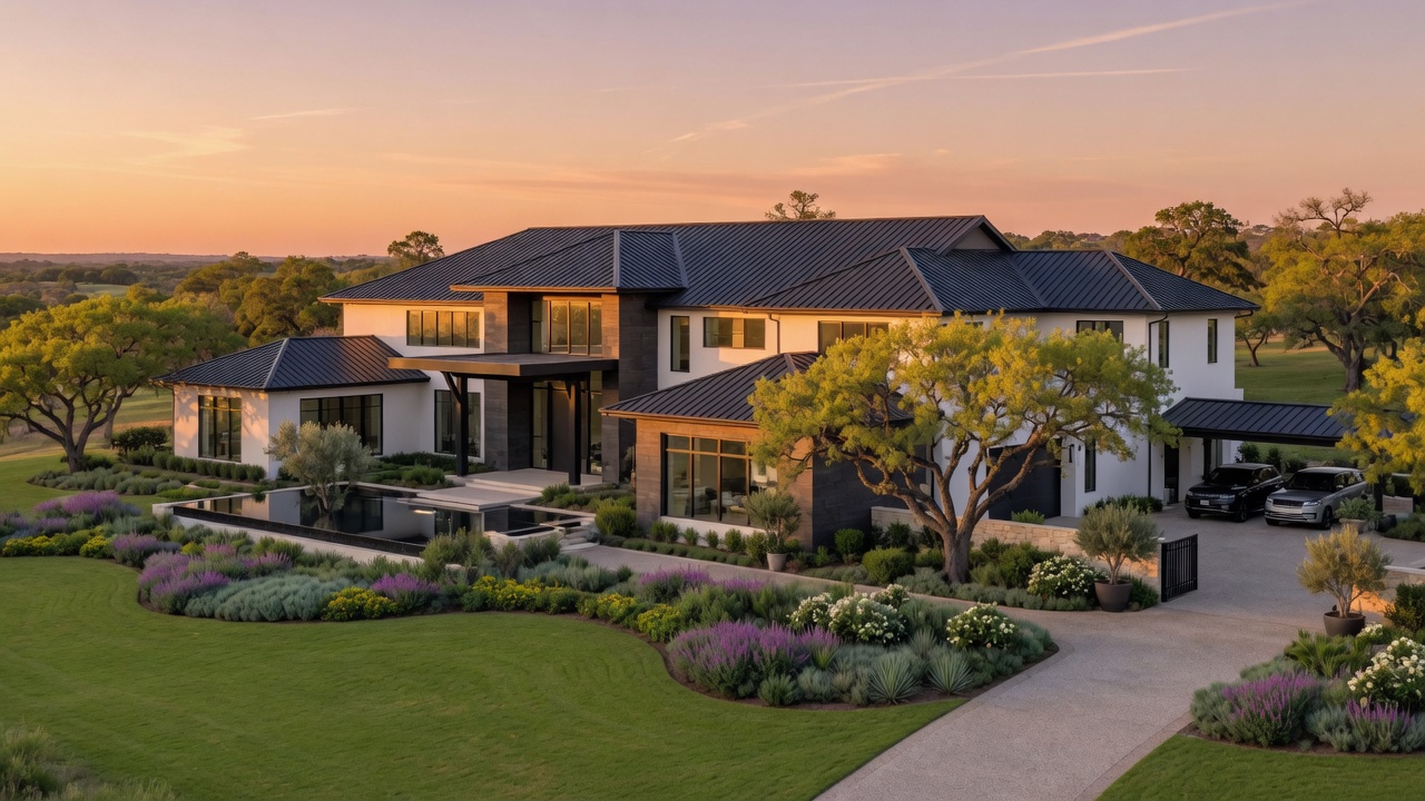 Luxury Texas home with premium standing seam black metal roof at golden hour