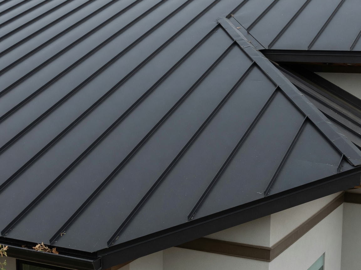Close-up realistic view of a professionally installed matte black standing seam metal roof showing clean seams and craftsmanship
