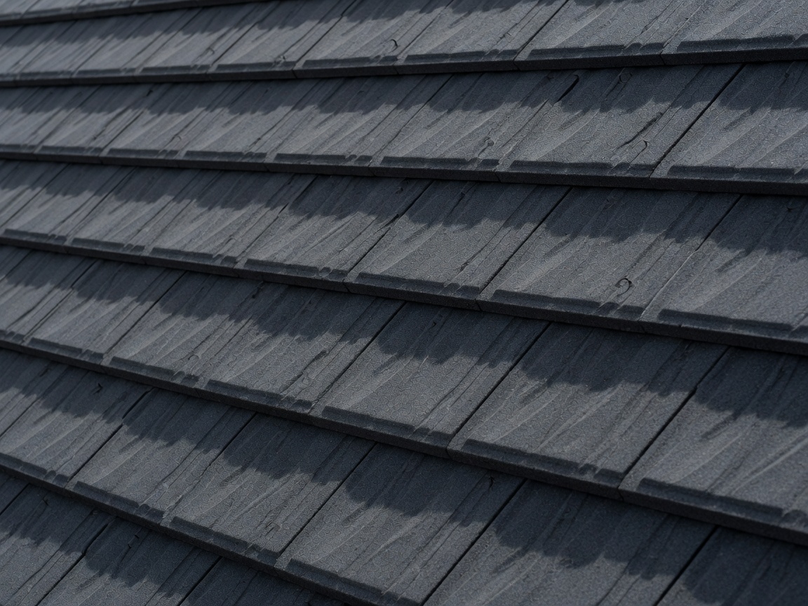 Close-up of premium dark gray architectural shingles showing texture, shadow lines and expert installation