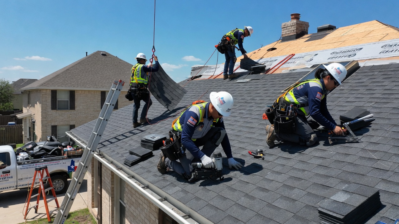 Professional Henry Brothers Roofing team performing quality roof work on a Texas home