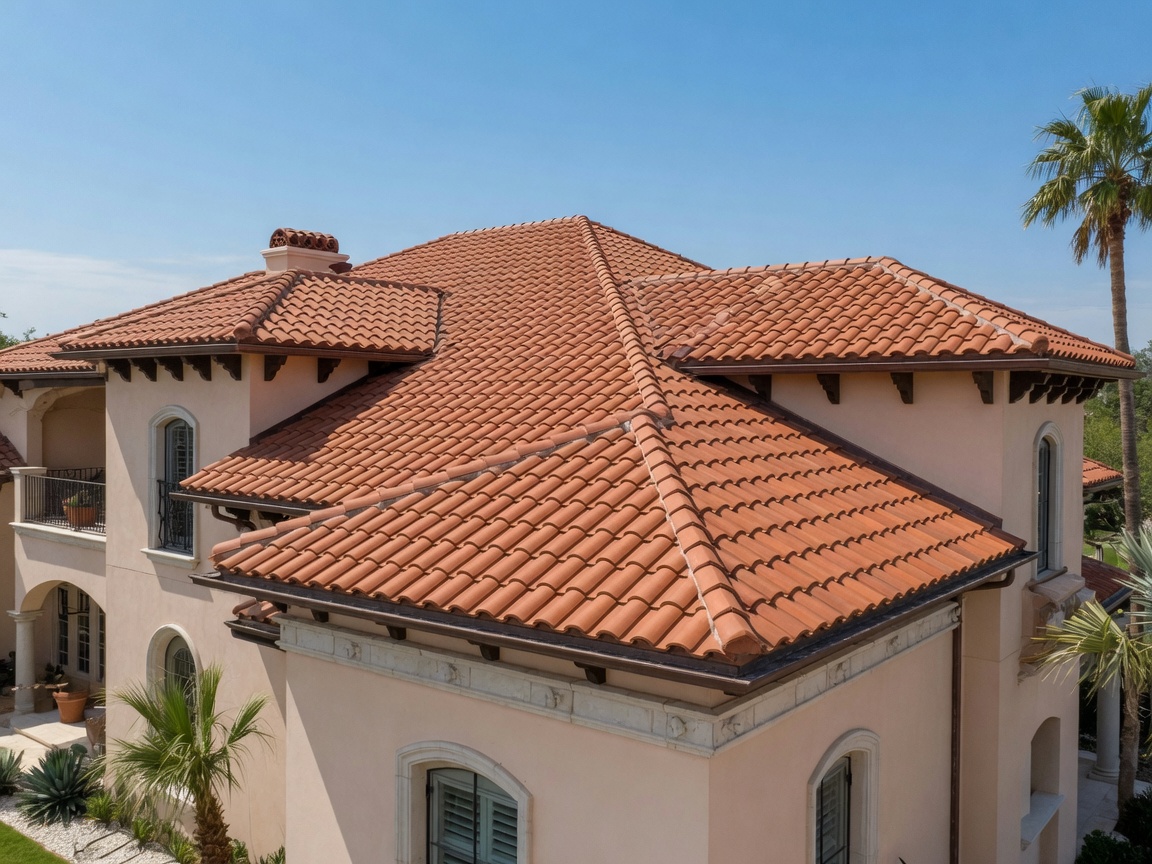 Premium clay tile roof on elegant Mediterranean-style Texas residence