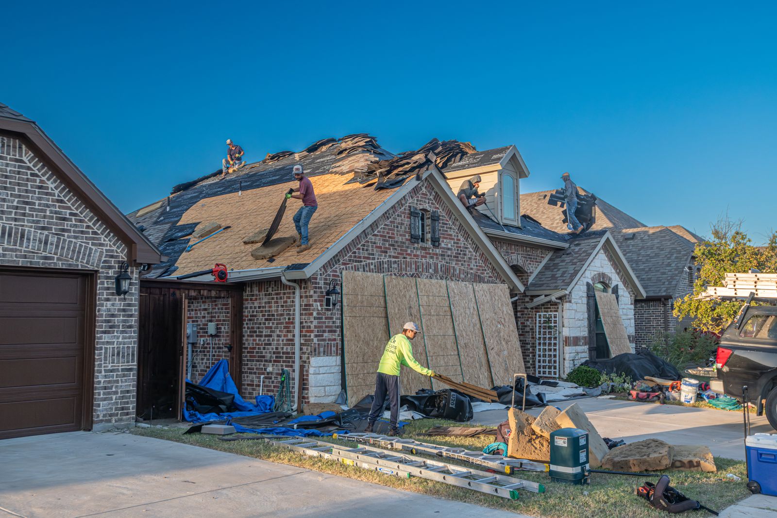 Roof repair work on a residential home in Fort Worth, Texas